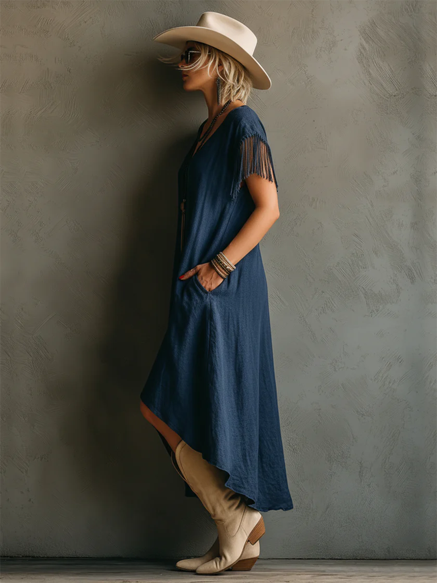 Boho Casual Cotton Dress With Fringed Sleeves