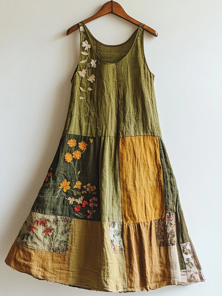 Floral Embroidered Art Linen Blend Patchwork Dress