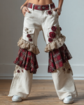 Women's Spring Floral Embroidered Plaid Patchwork Design Trousers  2264