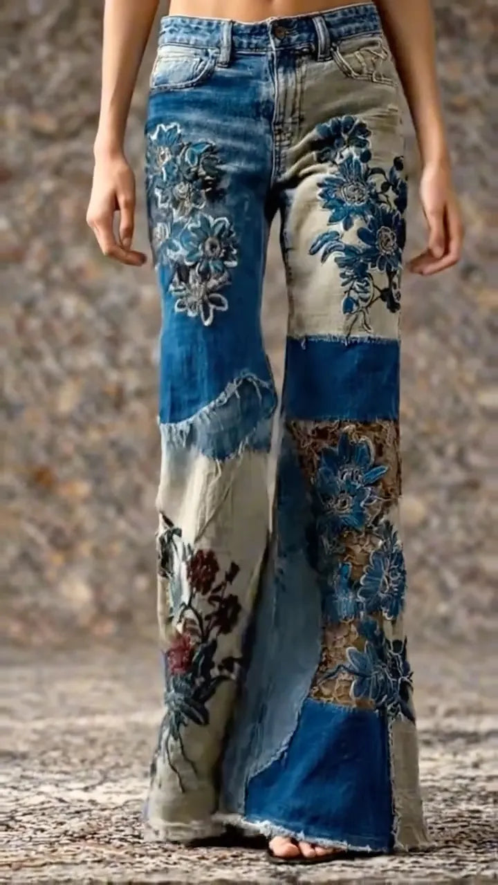 Vintage Patchwork Floral Embroidery Flare Jeans