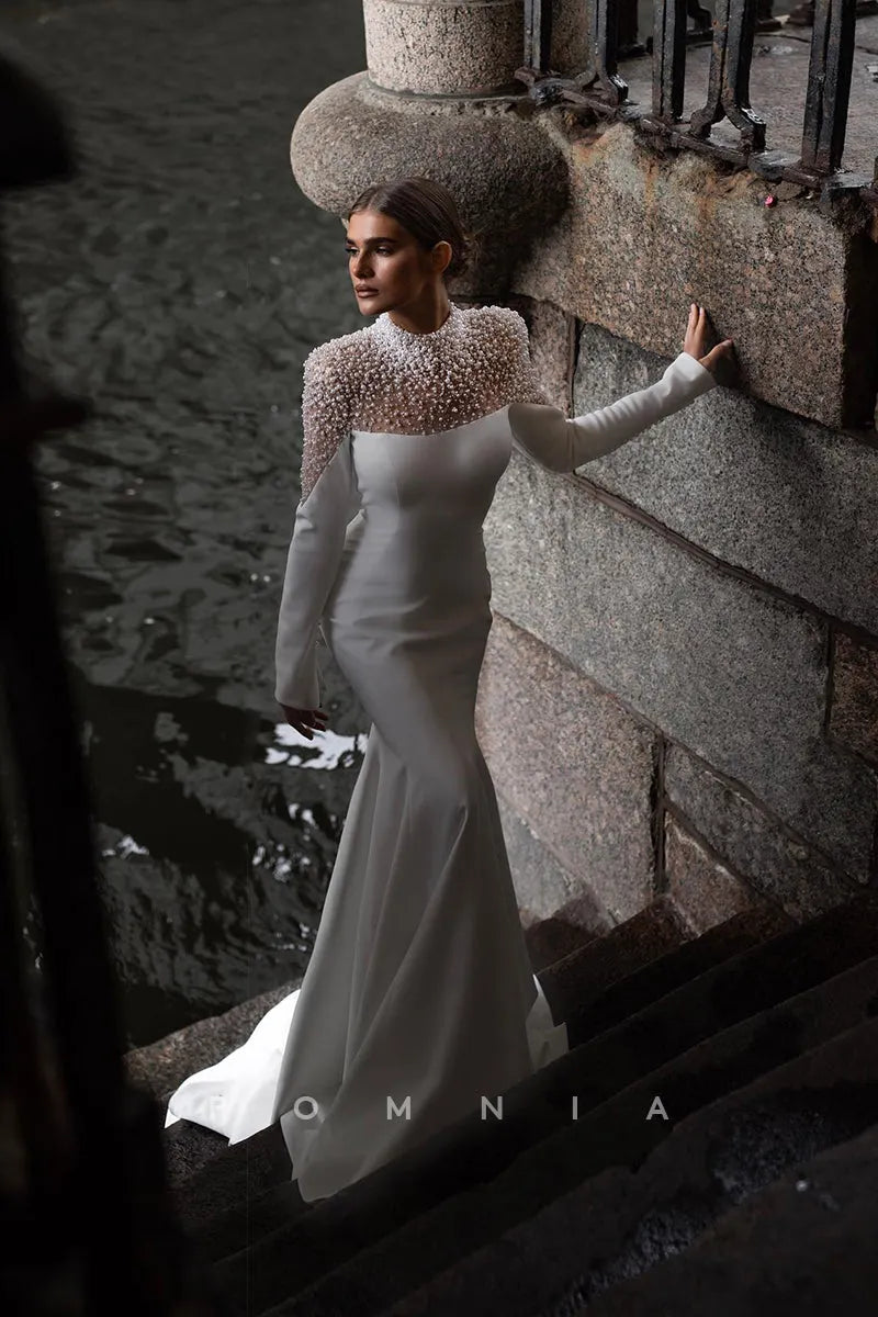 P3093 - Elegant High Neck Pearls Long Sleeves Mermaid Long Beach Wedding Dress