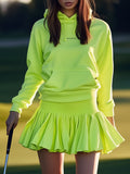 Fluorescent Green Embroidered Hooded Sweatshirt Lantern Skirt Sports Set