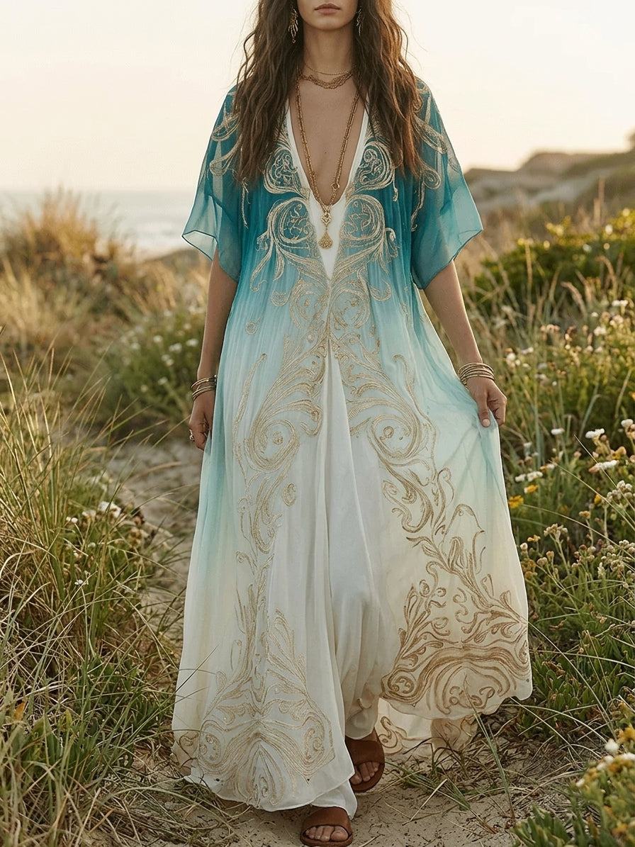 Elegant Coastal Breeze Aqua Ombre Kaftan Maxi Dress