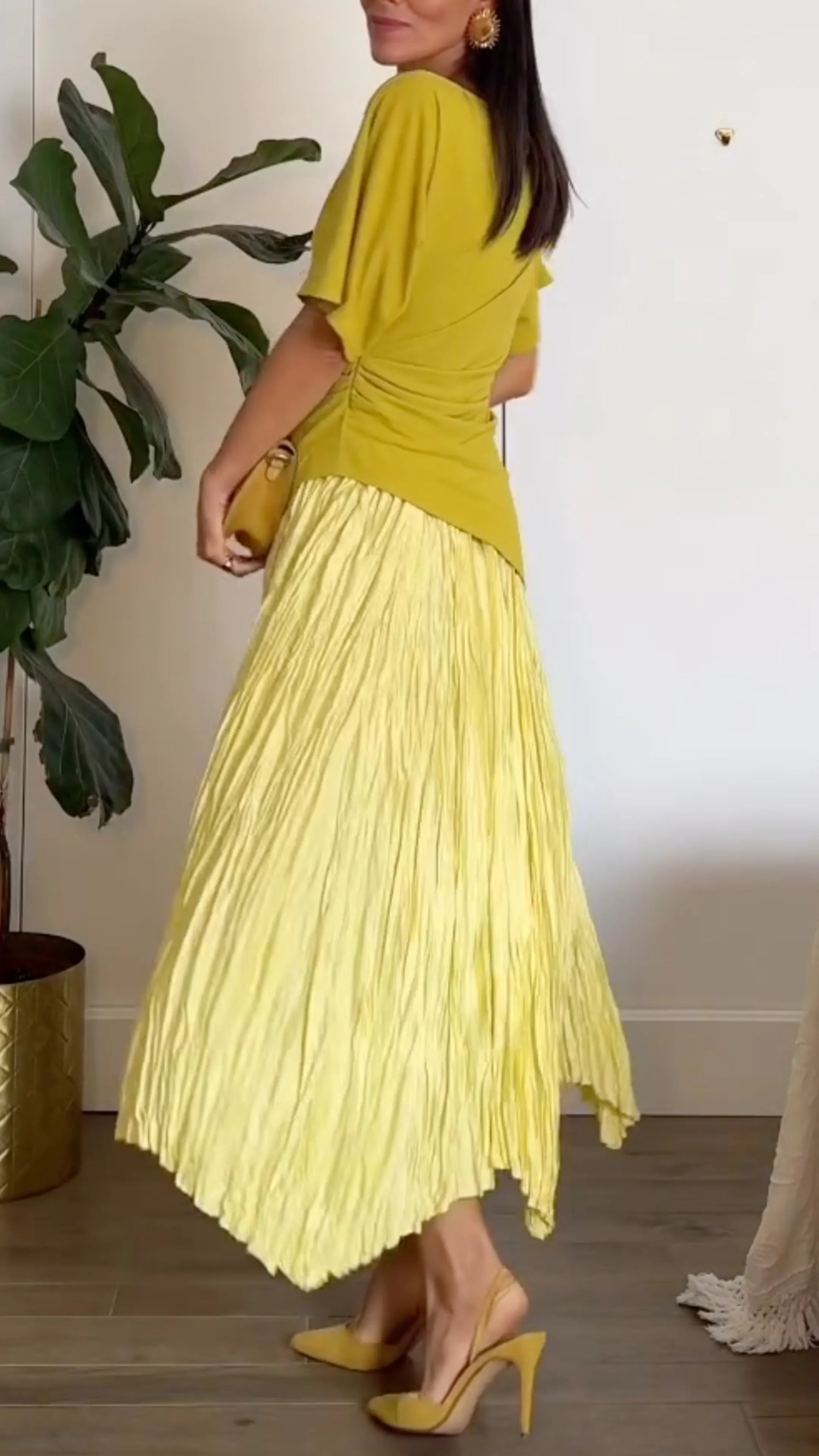 Draped Top & Crinkle Pleated Midi Skirt Co‑Ord Set