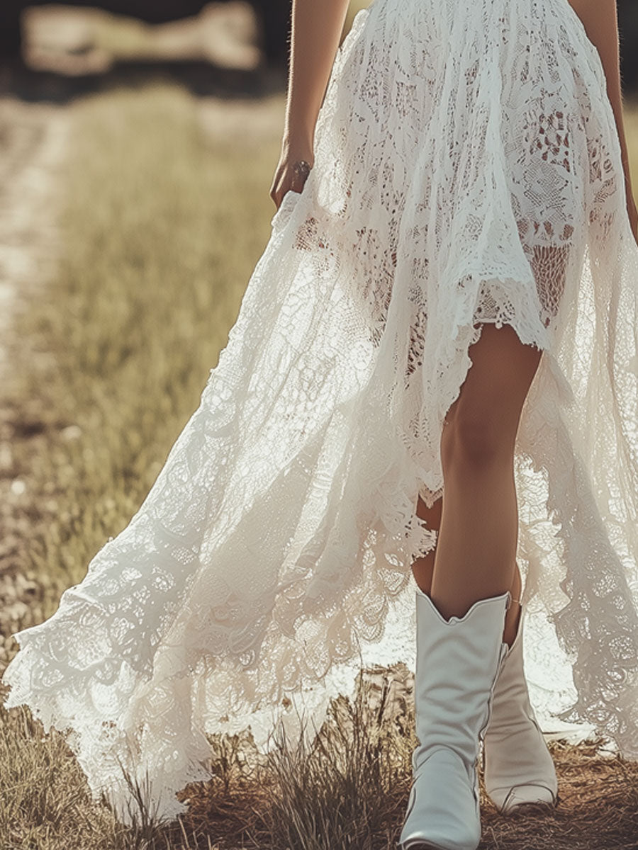 [24-hour shipping out]Western Retro White Lace Sleeveless Irregular Skirt Dress Maxi Dress
