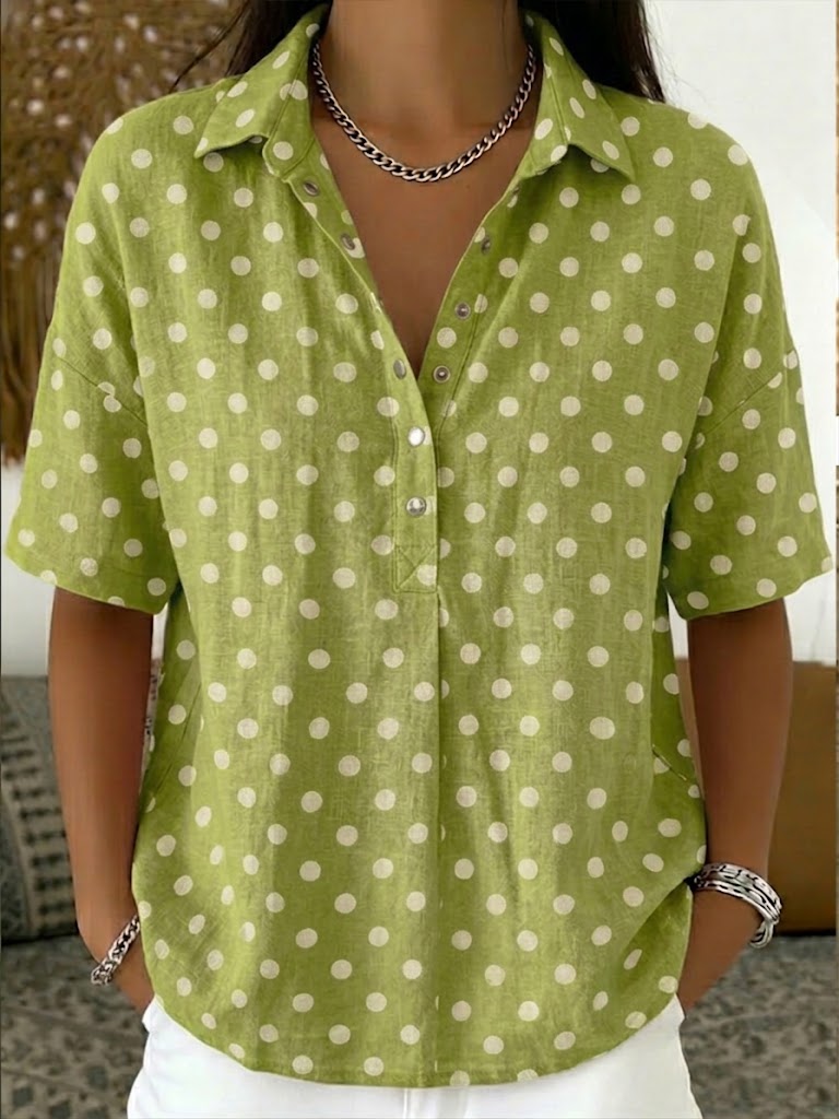 Casual Polka Dots Polo Collar Short-sleeved Linen And Cotton Shirt
