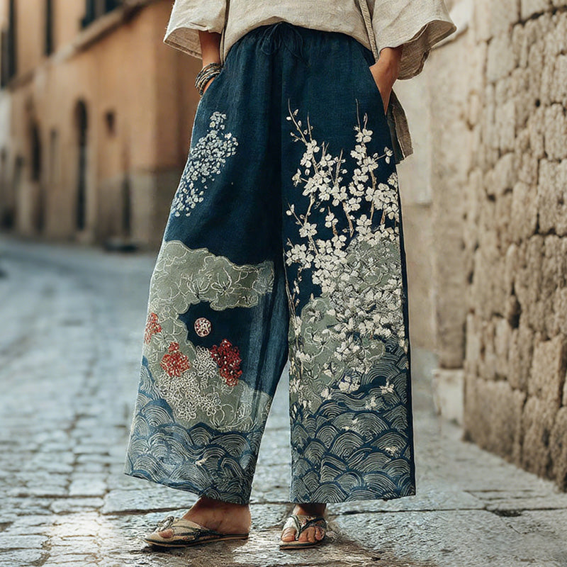 Women's Vintage Japanese Cherry Blossom And Wave Art Print Pants