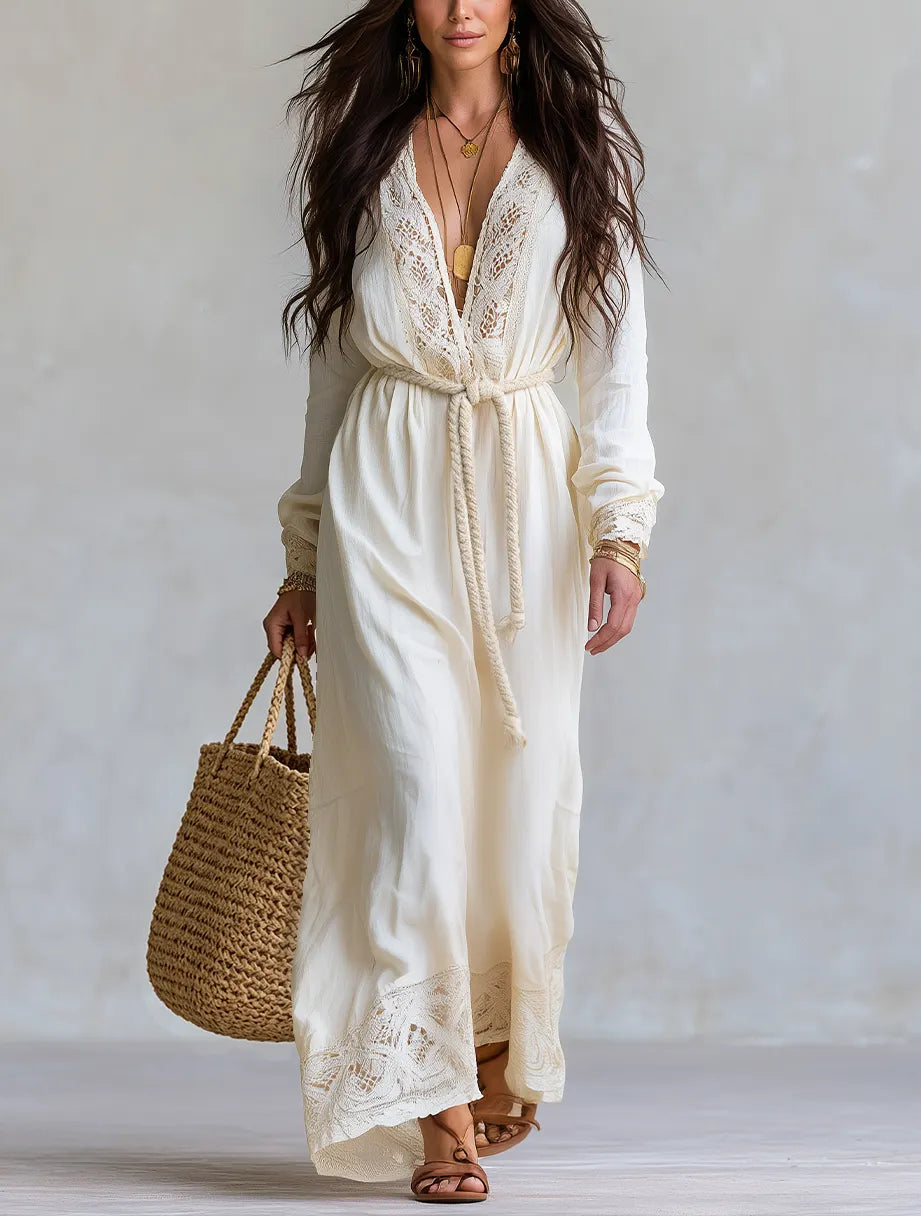 Bohemian Ivory Lace Trim Belted Wrap Maxi Dress