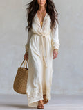 Bohemian Ivory Lace Trim Belted Wrap Maxi Dress