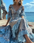 Summer Floral Embroidered Lace Patchwork Ruffle Dress  82de