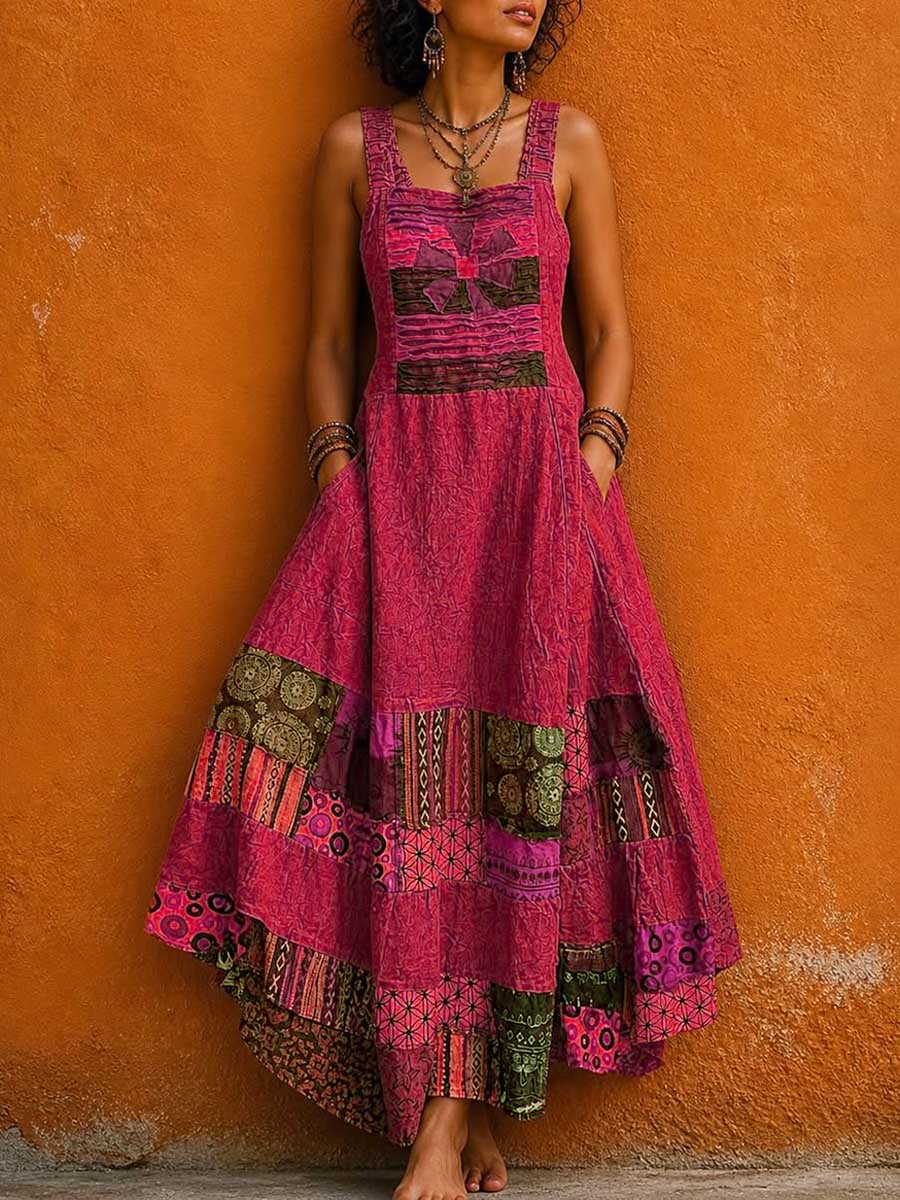 Women's Vintage-print Square-neck Sleeveless Loose-fit Cotton-linen Casual Dress