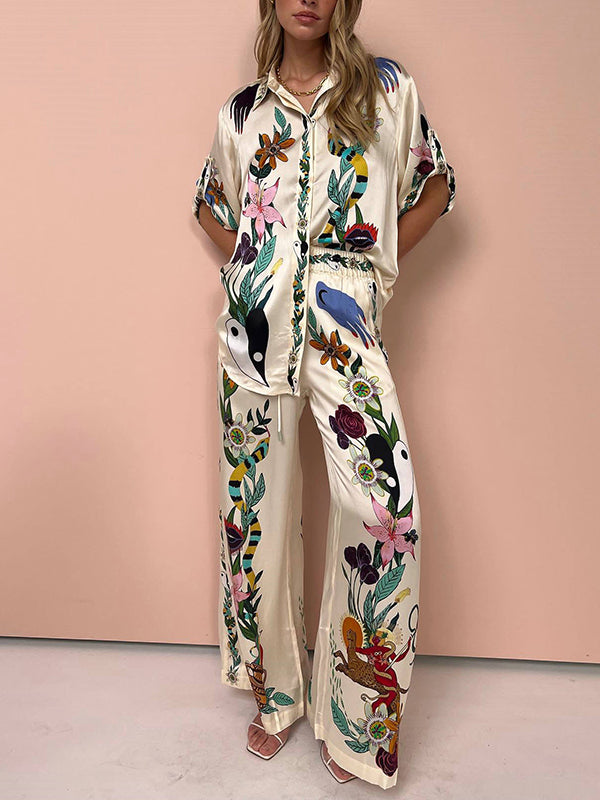 Buttoned Drawstring Elasticity Flower Print Pockets Half Sleeves Loose Lapel Two Pieces Set Pants Set