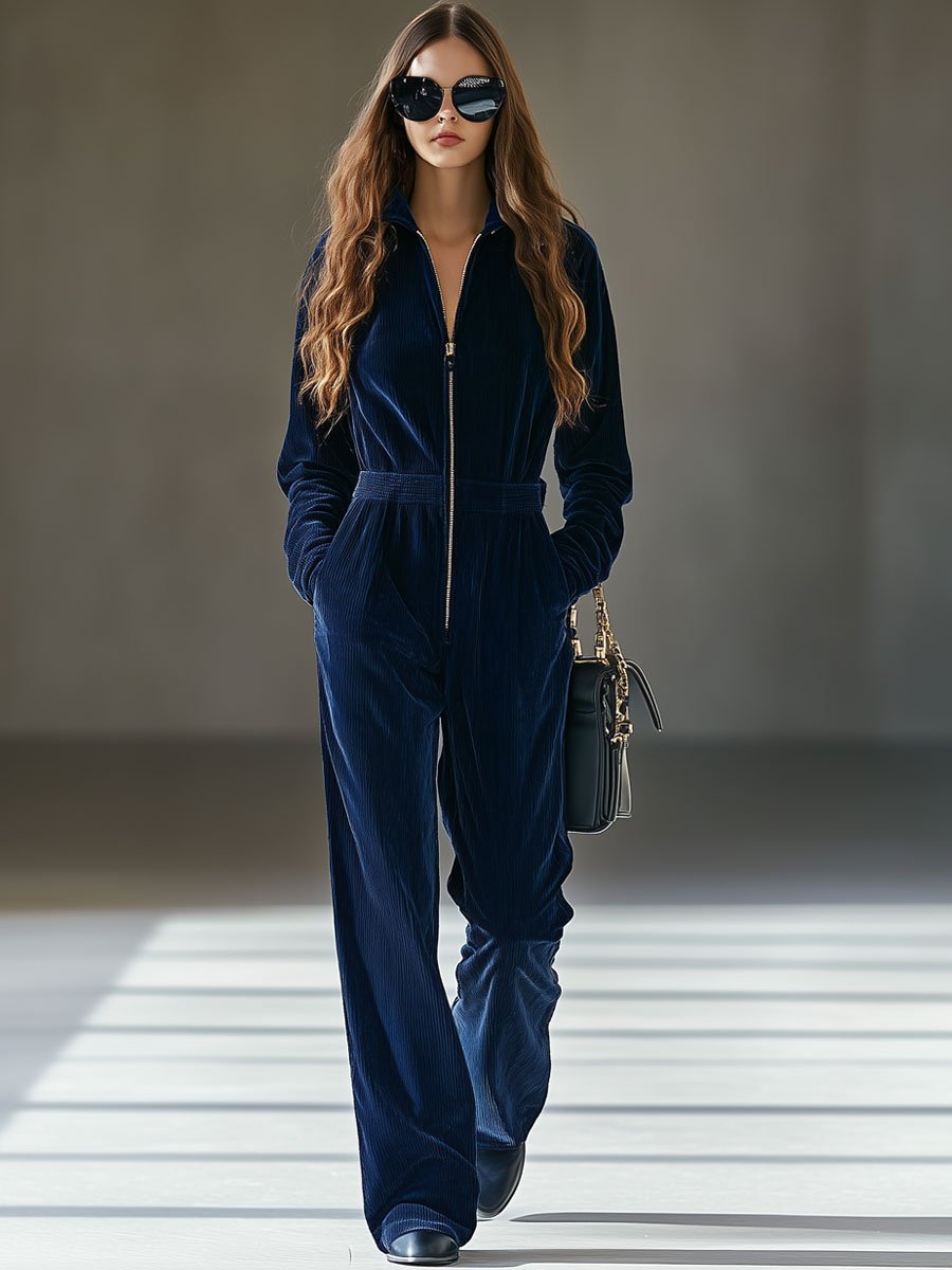 [24-hour shipping out]Casual Loose Vintage Corduroy Elastic Waist Zipper Jumpsuit