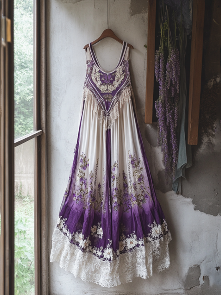 Boho Lavender Embroidered Lace Gradient Linen Dress