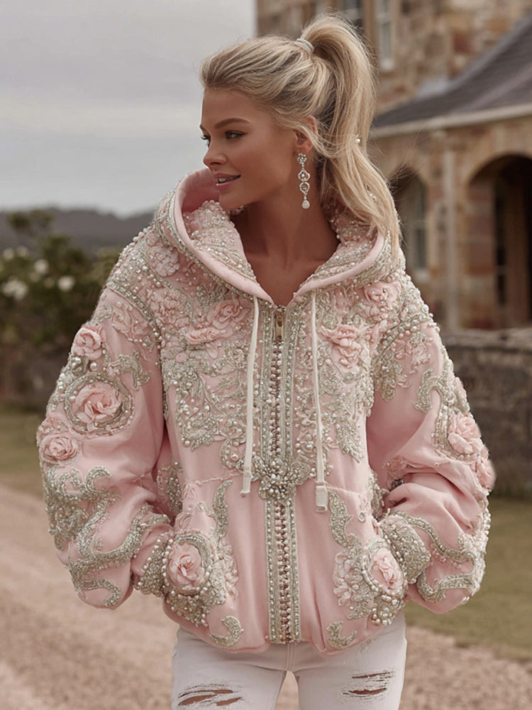 Women's Vintage Roses Embroidery Art Zip Up Hoodie