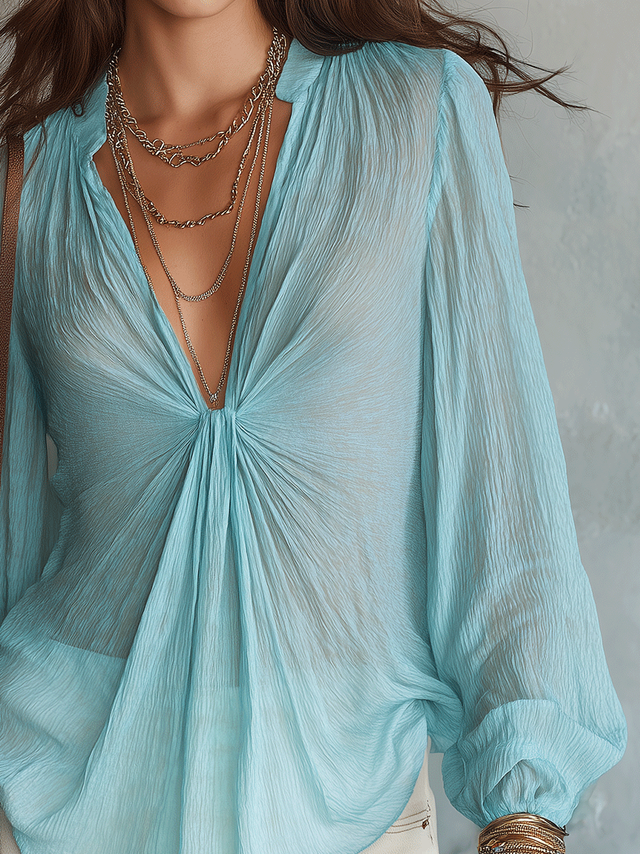 Elegant Vacation Aqua Blue Twist Front Sheer Blouse