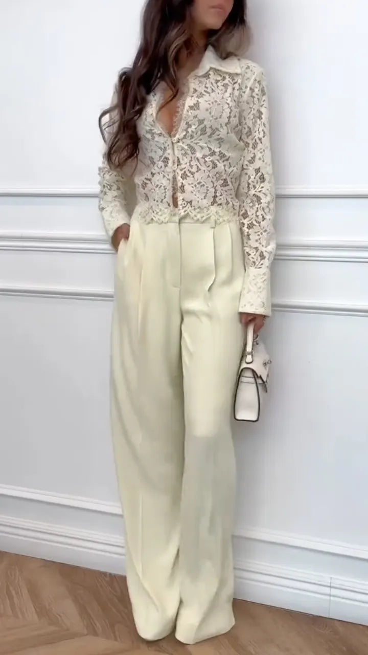 Lace Long Sleeve Shirt & High Waist Wide Leg Pants Set
