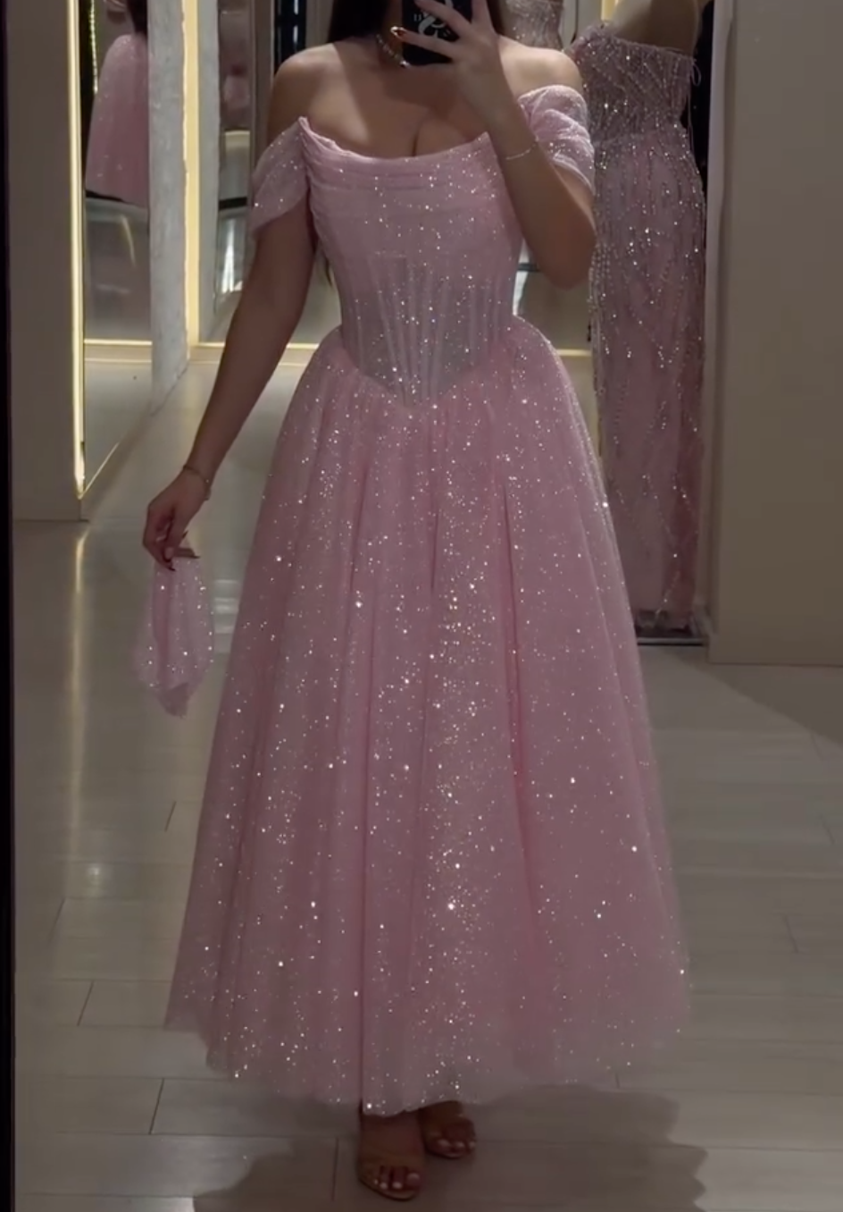 Pink/Blue Glitter Tulle Midi Dress with Off-the-Shoulder Puff Sleeves & Corset Bodice