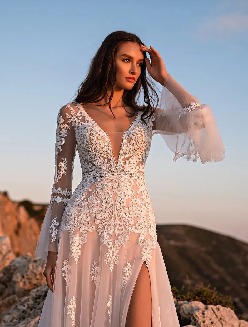 Stunning Boho Long narrow flared sleeves Semi sheer bodice with Deep-V neckline Lace sequin Slit skirt A-line long train wedding dress