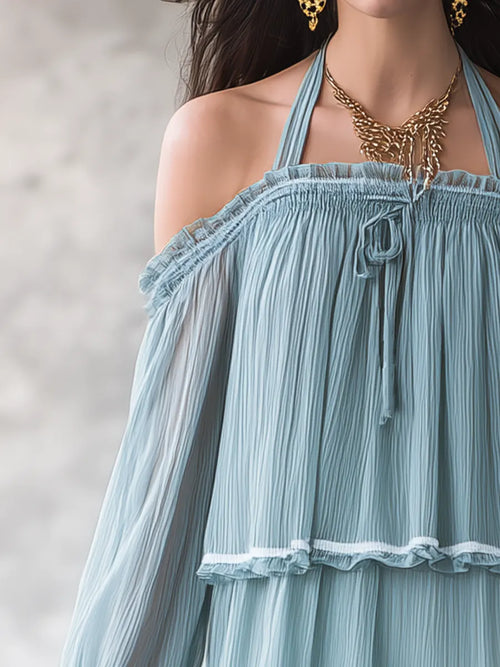 Airy Sky Blue Tiered Ruffle Halter Blouse