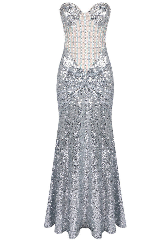 Strapless Crystal Corset Maxi Dress Silver