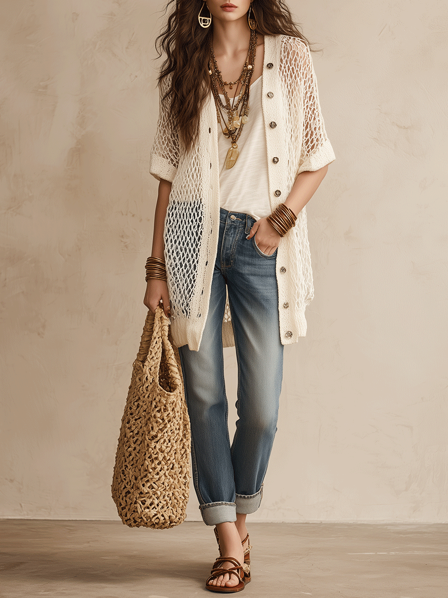 Bohemian Open-Knit Resort Ivory White Cardigan
