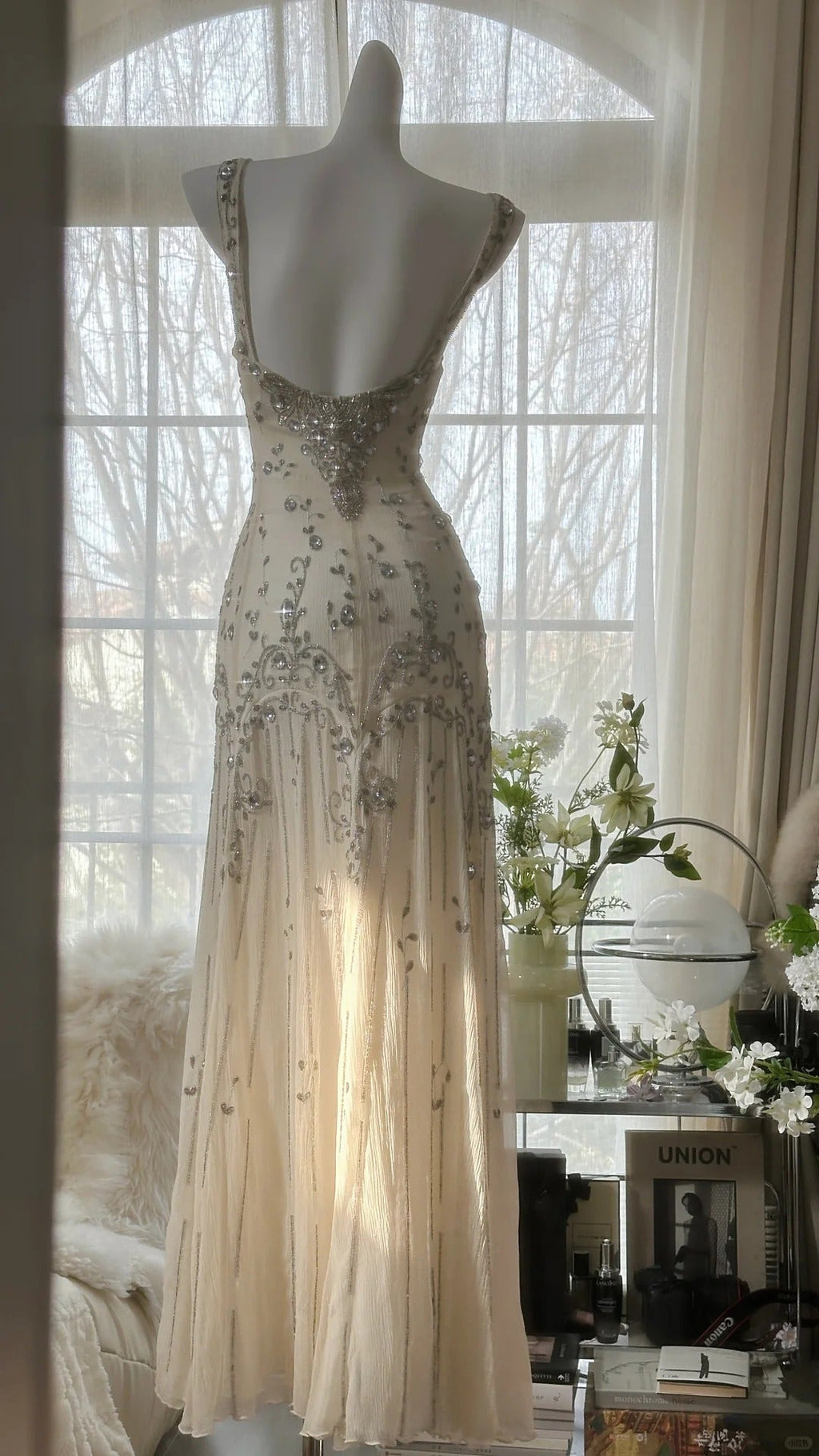 Ivory Vintage Elegant Shiny Exquisite Rhinestone Beading Long Chiffon Ball Gown Evening Dress Birthday Party Dress Prom Dress Graduation Dress 3945