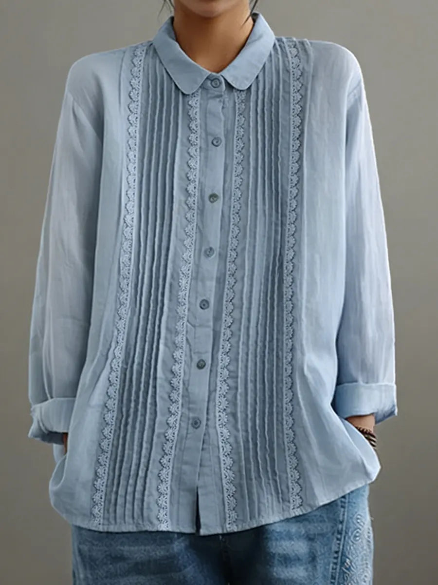 Women's Patchwork Lace Trim Linen And Cotton Pleated Shirt