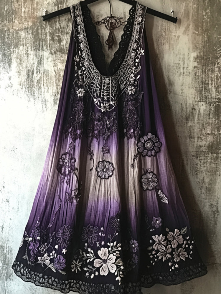 Vintage Tribal Embroidered Floral Lace Patchwork Art Linen Dress