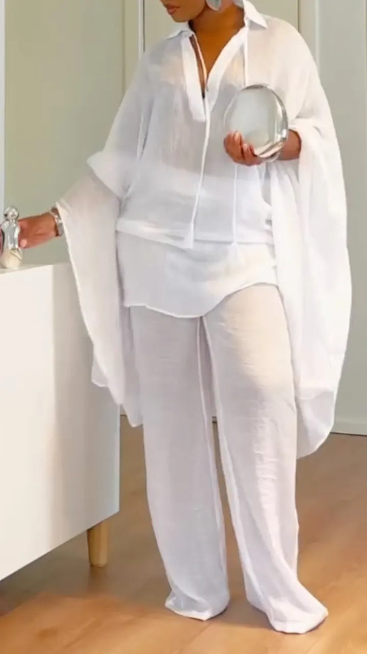 Sheer Oversized Tunic & Wide Leg Pants Co‑Ord Set