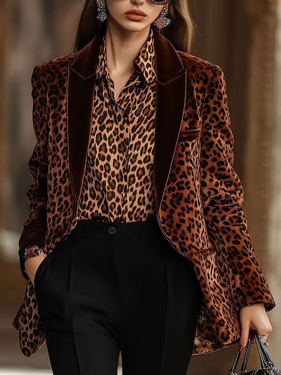 [24-hour shipping out]Casual Loose Retro Velvet Leopard Print Lapel Blazer