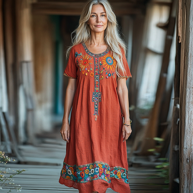 Vintage Bohemian Floral Embroidery Short Sleeve Loose Midi Dress