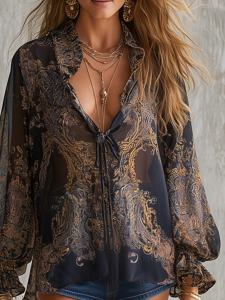 Romantic Black Gold Baroque Print Sheer Blouse