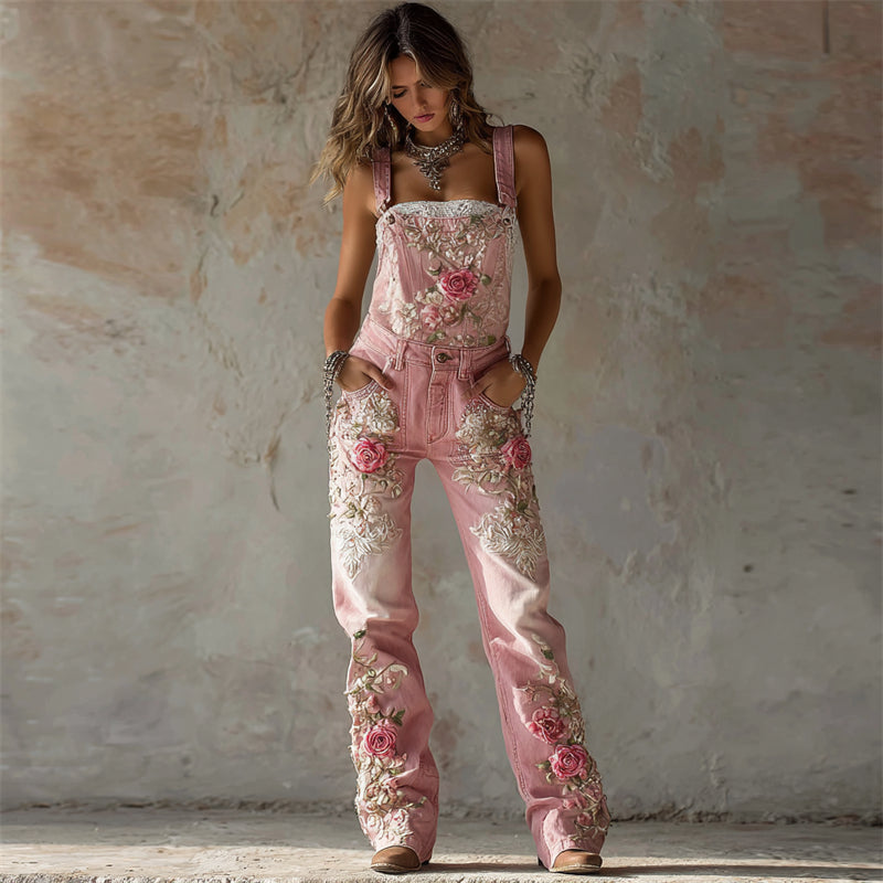 Vintage Pink Roses Glitter Embroidered Washed Denim Overall Jumpsuit