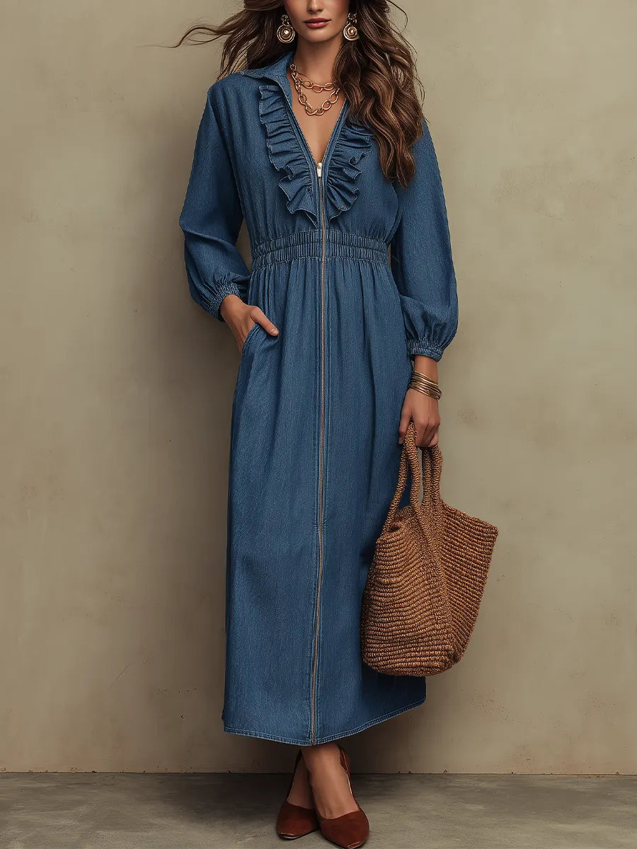 Classic Denim Blue Ruffle Zip Maxi Dress
