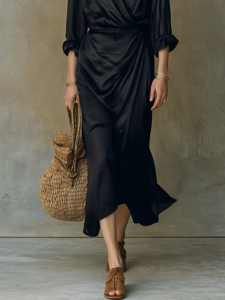 Premium Black V-Neck Satin Midi Dress