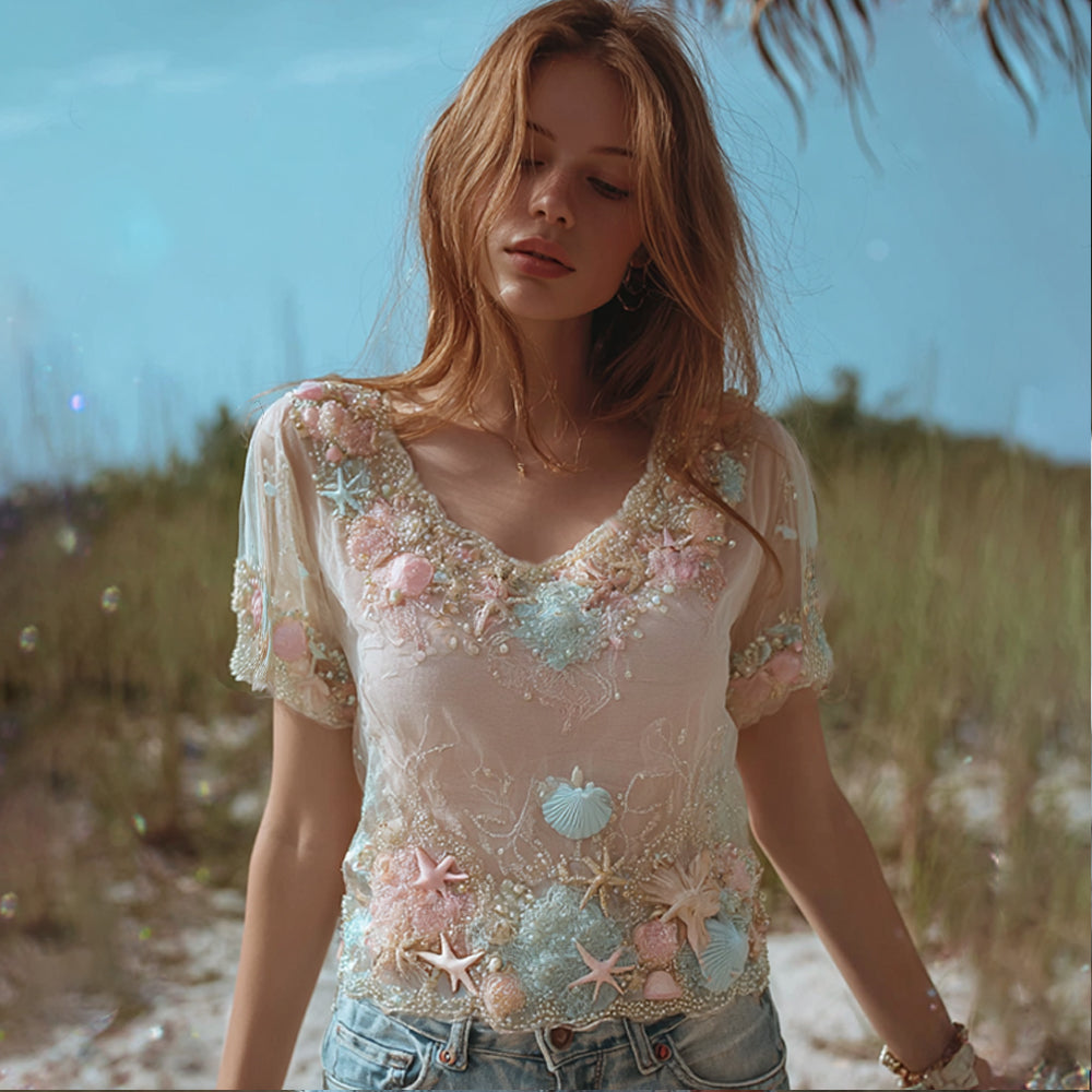 Bohemian Marine Elements Breathable V-neck Short Sleeves