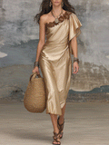 Elegant Champagne Gold One-Shoulder Satin Midi Dress