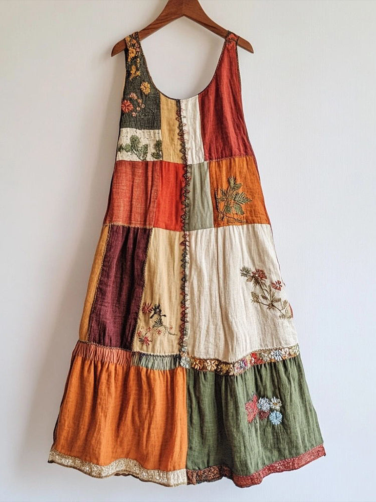 Vintage Floral Embroidered Patchwork Linen Blend Dress a75b