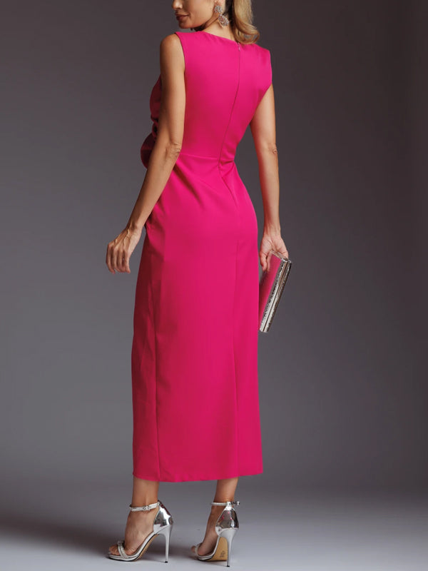 V-neck Sleeveless Solid Color Midi Dress