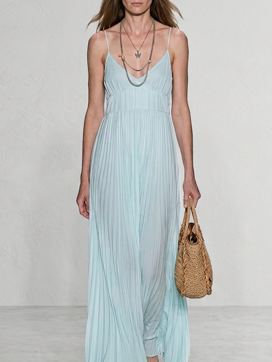 Resort Sleeveless Accordion Pleated A-Line Beach Maxi Dress