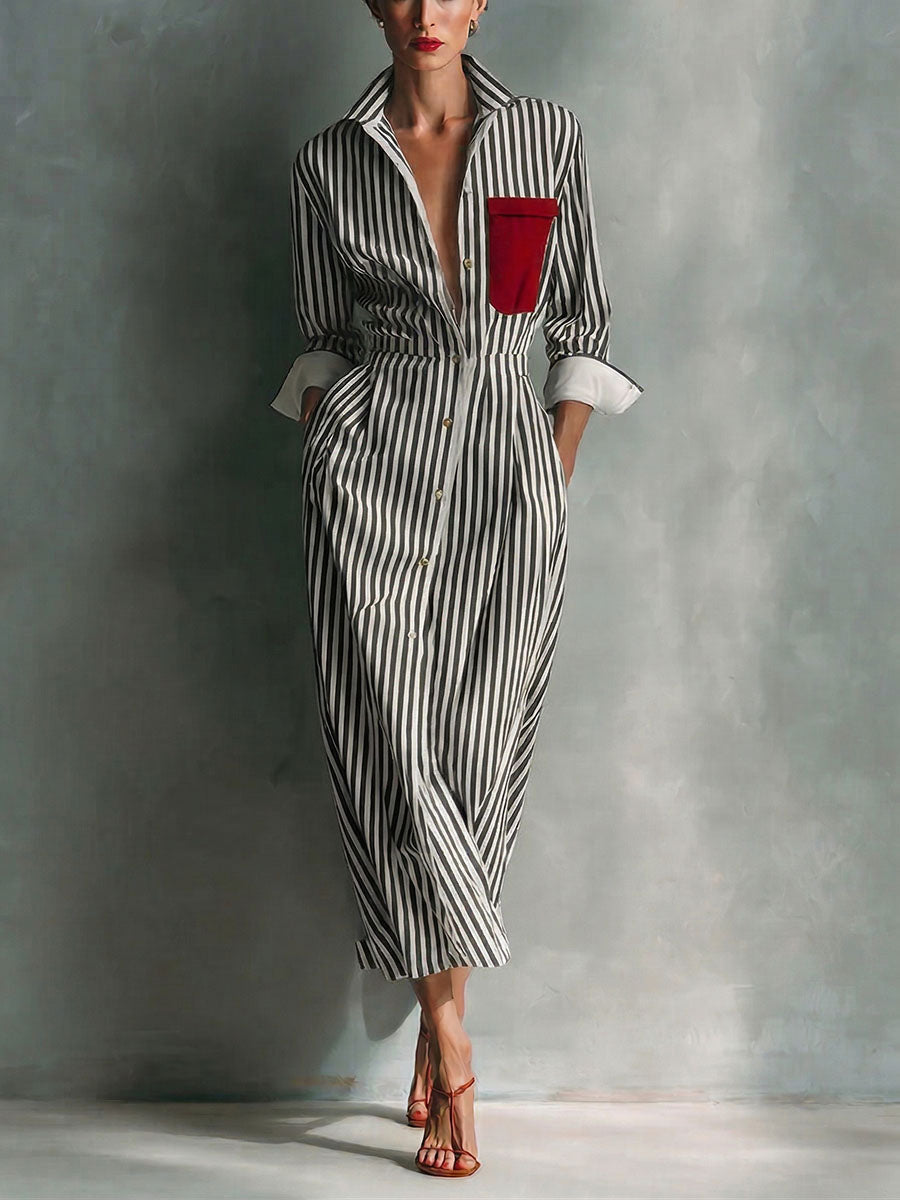 Women's Striped Cotton-linen Shirt-collar Long-sleeve Dress