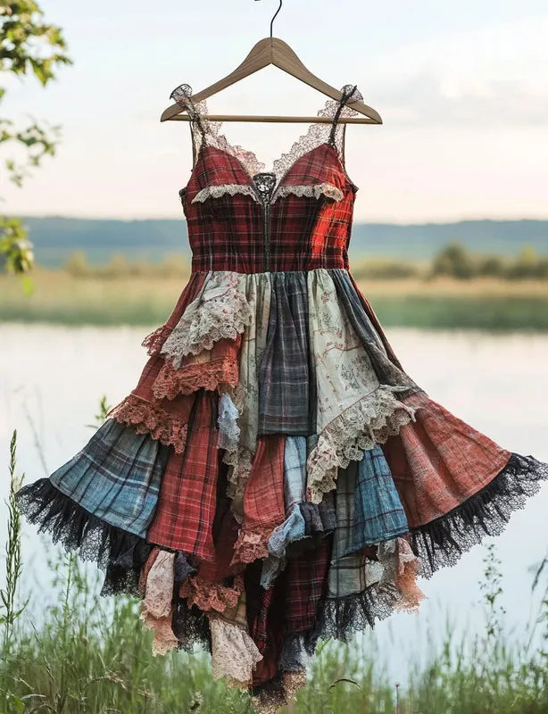 Summer Handmade Lace Plaid Patchwork Dress ac4f
