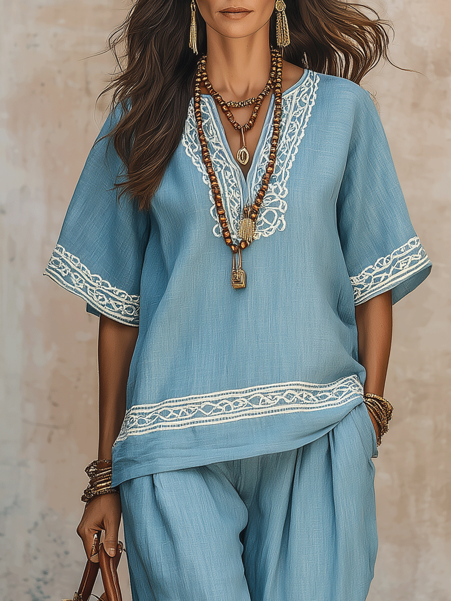 Effortless Boho Embroidered Linen Two-Piece Sky Blue Set