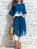 Women's Casual Loose Cotton-linen Outfit: Crew Neck 3/4-sleeve Top With Placement Print & Elastic-waist Wide-leg Pants