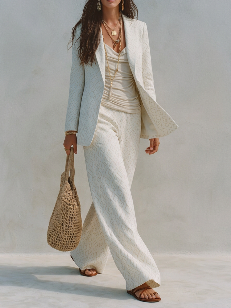 Ivory-White Diamond-Patterned Suit Set