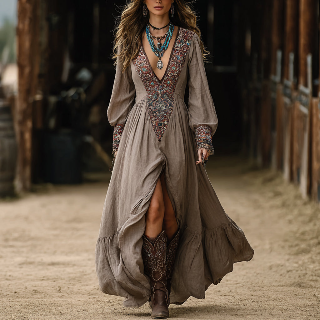 Western Cowgirl Linen Bohemian Vintage Dress