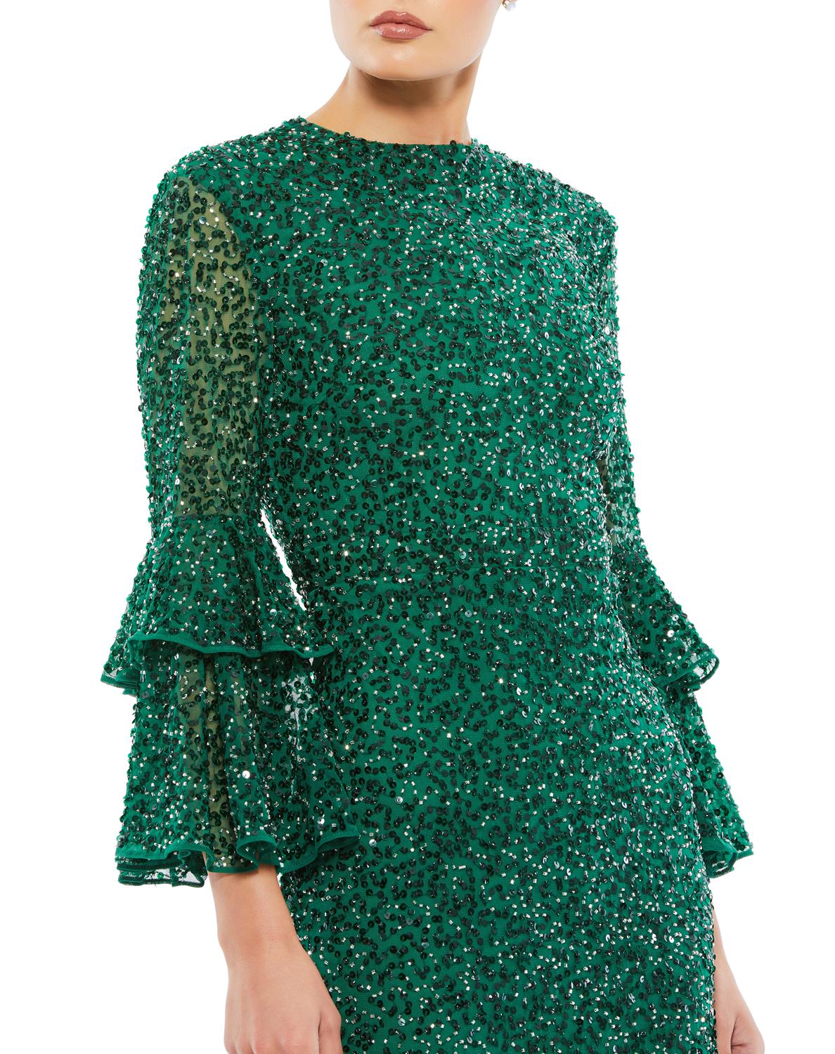 Fully Sequined Ruffle Tiered 3/4 Sleeve Midi Dress