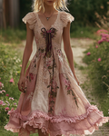Summer Floral Embroidered Lace Patchwork Comfortable Linen Dress ae7a