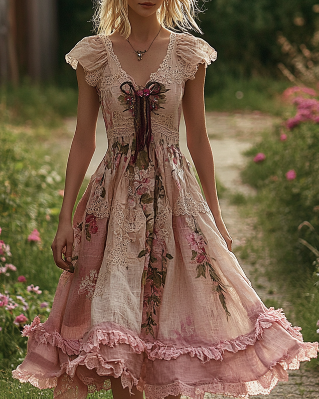 Summer Floral Embroidered Lace Patchwork Comfortable Linen Dress ae7a